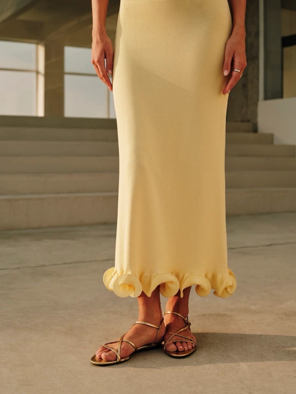 Commense Strapless Pale Yellow Bodycon Maxi Dress with Ruffle Hem - Picture 3 of 5